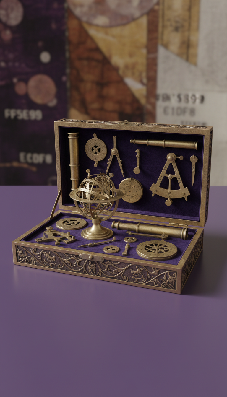 Antique Brass Astrology Tool Kit in Velvet-Lined Case